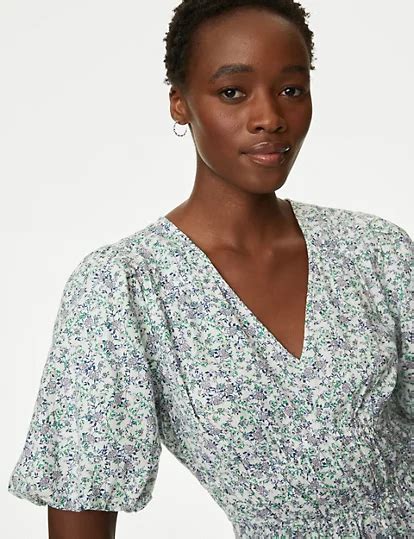 Pure Cotton Printed V-Neck Tiered Midi Dress