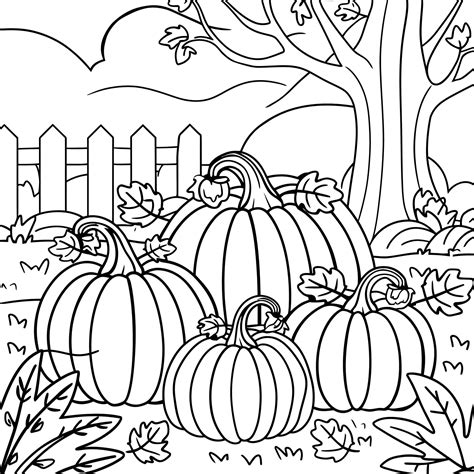 Autumn pumpkin patch coloring page with tree and fence in the ...