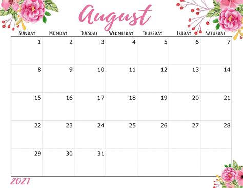 Blank august 2021 calendar printable free download – Artofit