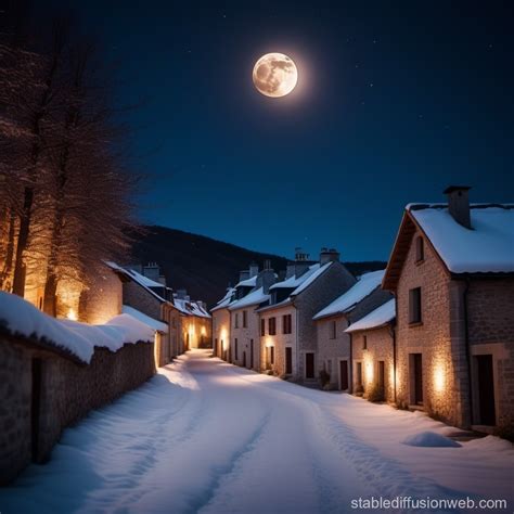 French Village Night Winter Scene with Moon and Fireplace | Stable ...