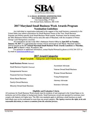 Fillable Online sba 2017 Maryland Small Business Week Awards Program ...