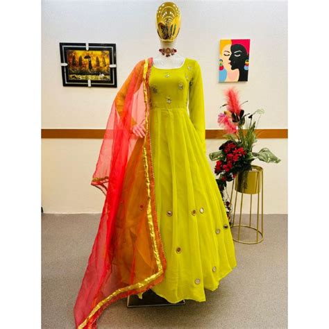 Yellow Mirror Work Long Designer Kurti With Pant And Dupatta – I4U Clothing