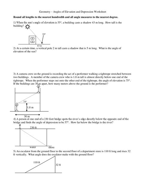 Angles of Elevation and Depression Worksheet | Study notes ...