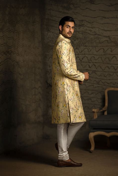 Yellow Printed Dupion Silk Sherwani with Off White Cotton Silk Churida