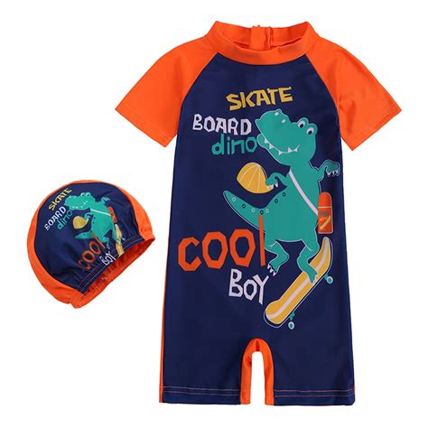 Baby Swimming Suit 1 Piece Zipper Short Sleeve Bathing Suit Dinosaur ...