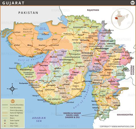 Gujarat Map, India - National Highways, Major roads, Rivers, and Major ...