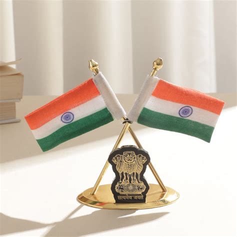 Brass coating Indian Flag with Ashok Stambh for Car Dashboard - 4 inch ...
