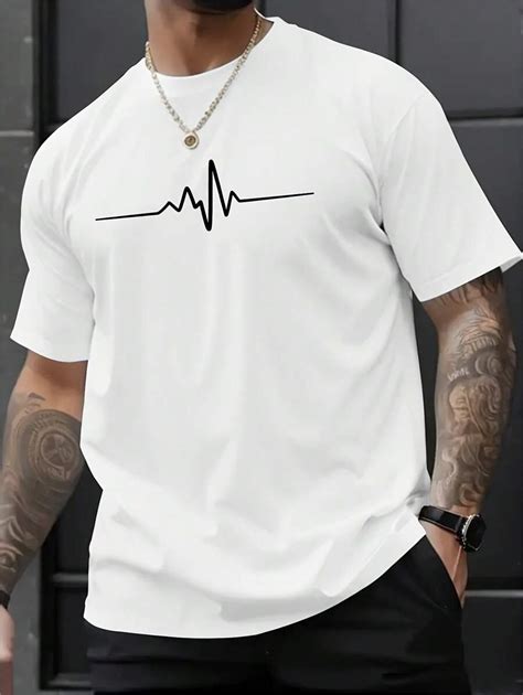 Men's Heartbeat Line Print Round Neck Short Sleeve Casual T-Shirt ...