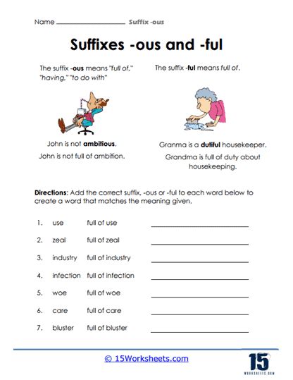 Suffix -ous Worksheets | Nouns Into Adjectives - 15 Worksheets.com