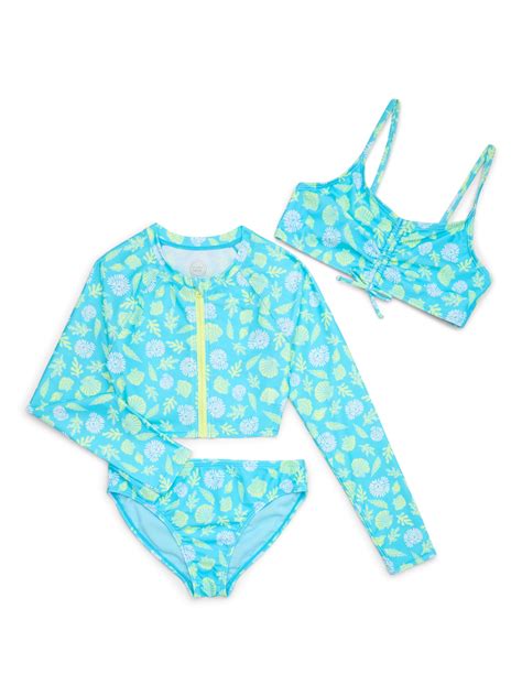 Wonder Nation Girls Long Sleeve Zip-Up Crop Rash Guard Swimsuit Set ...