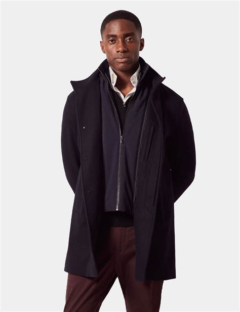 Men's Navy Wool Funnel Neck Coat | Hawes and Curtis