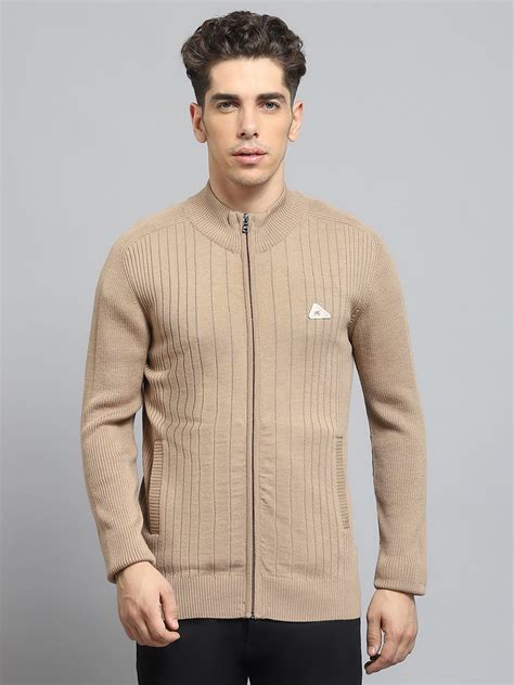 Buy Men Camel Brown Solid Mock Neck Full Sleeve Pullover Online in ...