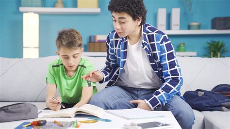 grande hermano ayuda su mas joven hermano quien es estudiando. 33057421 Vídeo de stock en Vecteezy