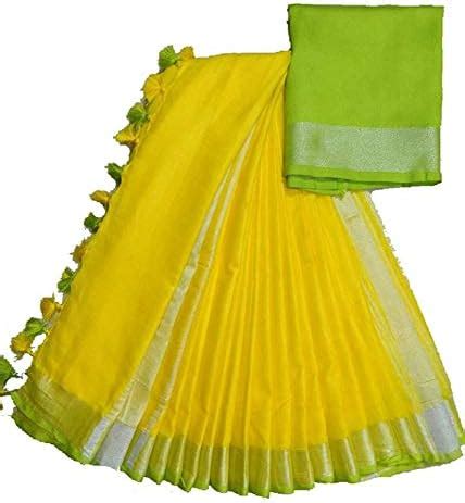 Buy INDIA SILK PWCS LTD Women's Cotton Slub Saree with Contrast Blouse ...