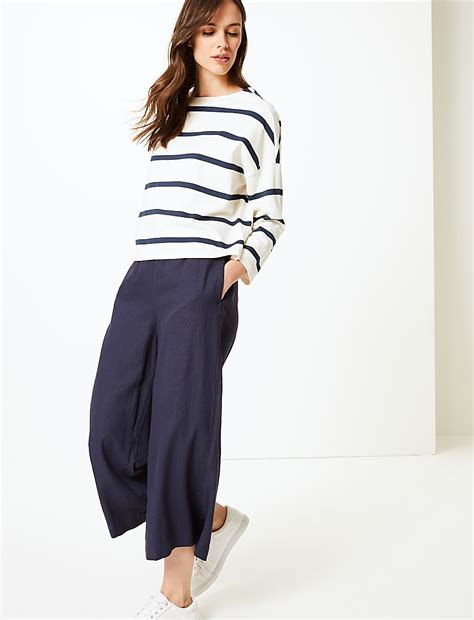Buy Linen Rich Wide Leg Cropped Trousers at Marks & Spencer