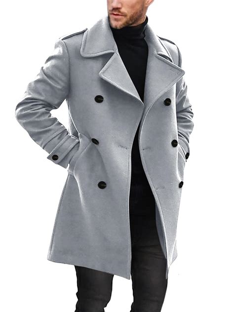 Ryannology Men's Notched Collar Trench Coat Double Breasted Winter Long ...