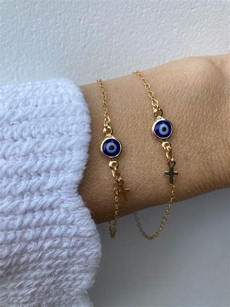 Evil Eye and Cross Bracelet .blue Evil Eye Bracelet. 14k Gold - Etsy