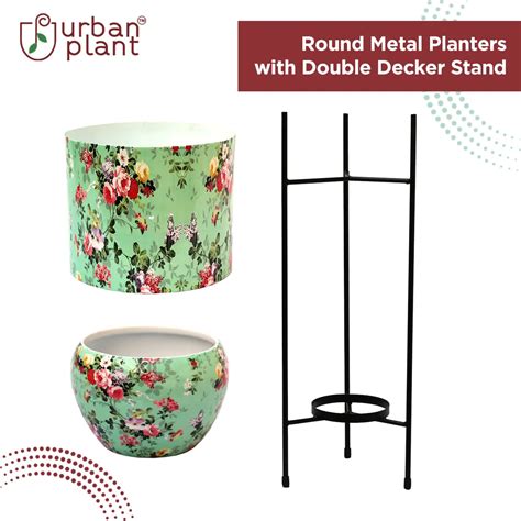 Round Metal Planters/Pots for Indoor Plants with Double Decker Stand