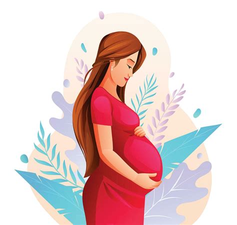 Pregnant woman hugging her belly with nature leaves background. Vector ...