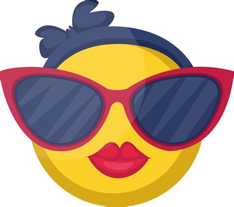 emoji femenino redondo cara amarilla con labios rosados y gafas de sol ...