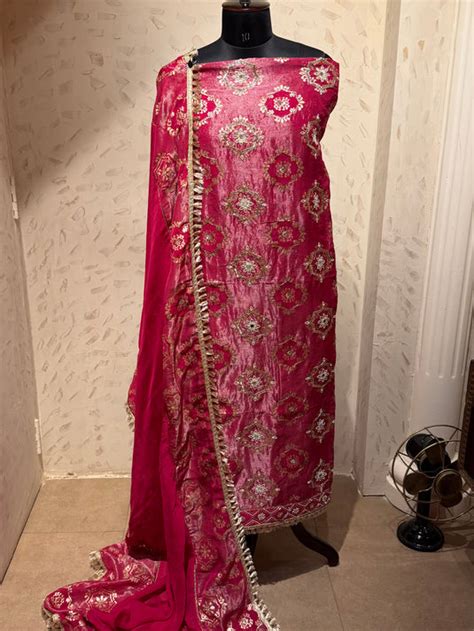 Brocade patch pure tissue suit set with georgette dupatta