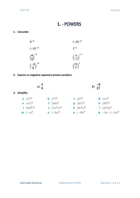 4 ESO - Unit 02 - Exercises 4.2.1 - Powers | PDF
