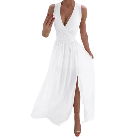 White Casual Dresses Women Beach V-Neck Dresses Summer Party Casual A ...