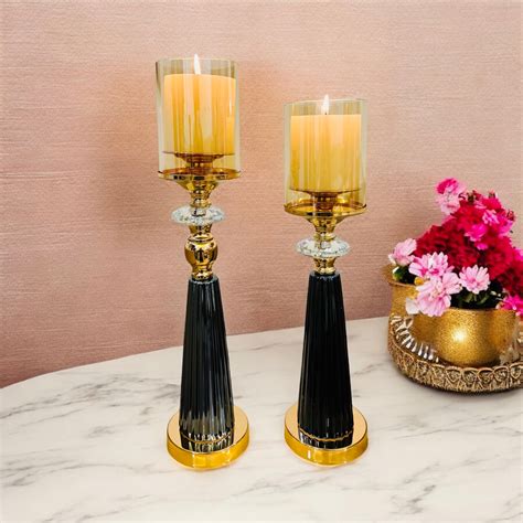 Elegant Gold & Black Glass Candle Holders with Crystal Accents - Set o ...