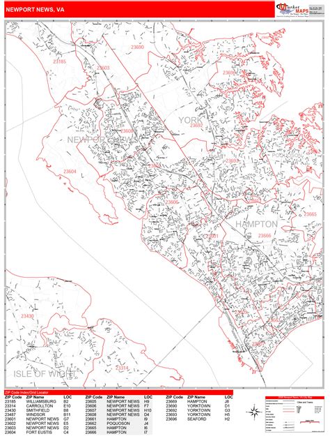 Newport News Virginia Zip Code Wall Map (Red Line Style) by MarketMAPS ...