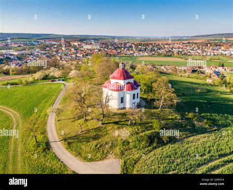 Aerial view of baroque chapel near Rosice city, Czech republic. Catholic religion building is ...