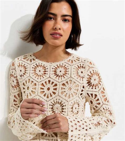 Off White Crochet Knit Semi Sheer Long Sleeve Top | New Look