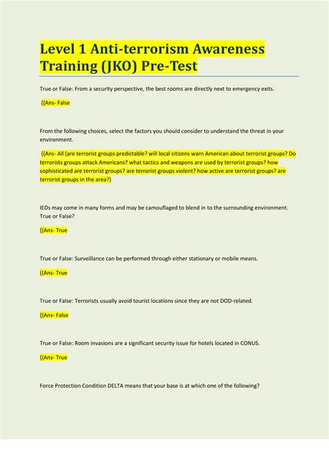 Level 1 Anti-terrorism Awareness Training (JKO) Pre-Test (Answered) 100 ...