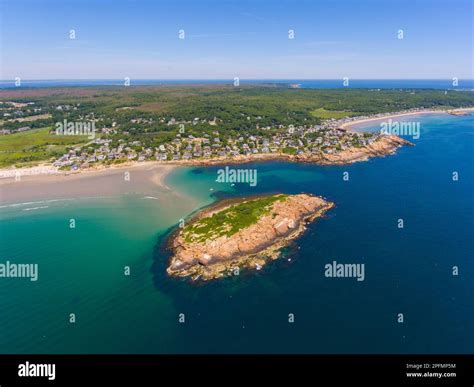 Good Harbor Beach and Salt Island aerial view in summer in Gloucester ...