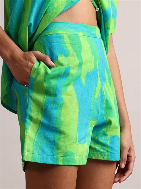 WOMEN GREEN LIME COTTON ABSTRACT SHORTS & SHIRT CO-ORD SET – Custard