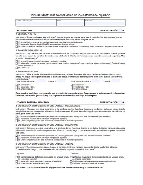 mini best test - Test de evaluación de los sistemas de equilibrio Nonbre sujeto Facha ...