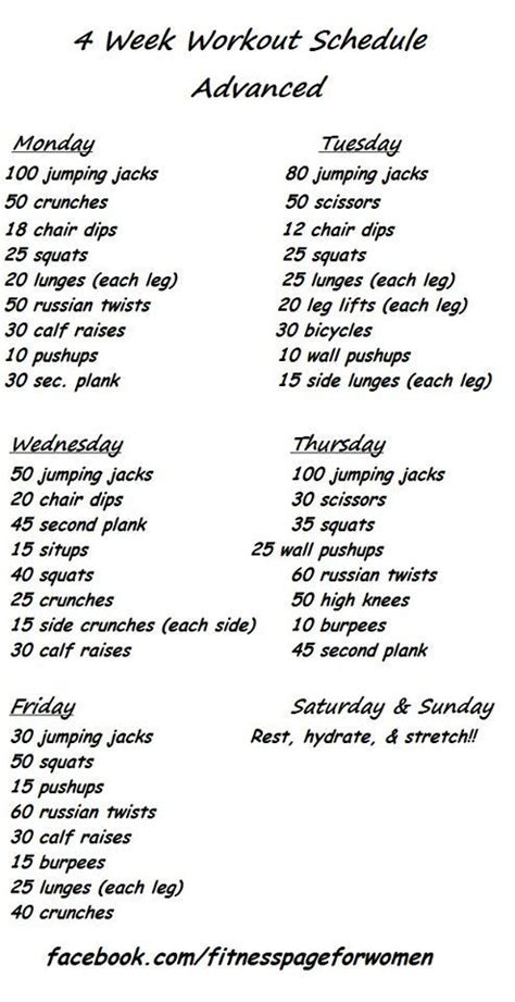 Daily exercise routines, Weekly workout, 4 week workout