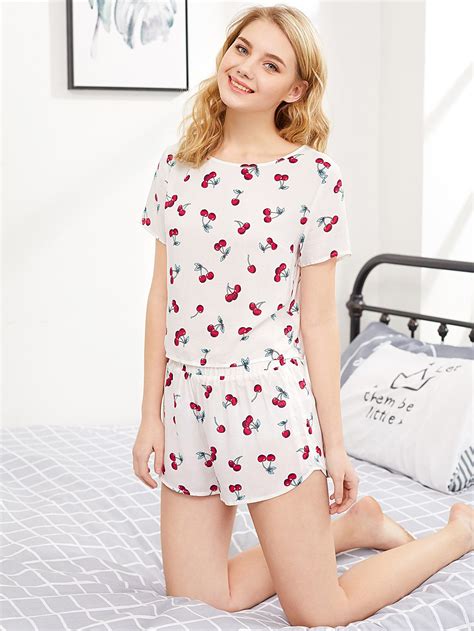 Cherry Print Top And Shorts Pajama Set | Short pajama set, Short sleeve ...