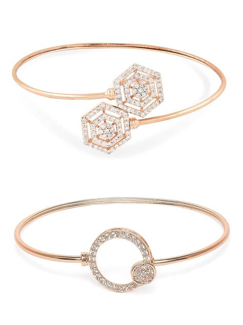 ZAVERI PEARLS Set of 2 Rose Gold Contemporary Cubic Zirconia Brass Kada ...