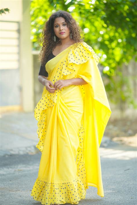 Yellow mul cotton block print ruffle saree – YoshnasByEla