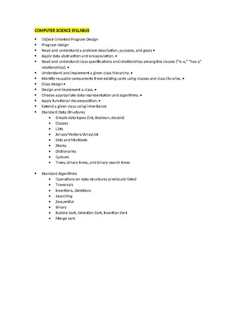 Computer Science Topic (JAVA) - COMPUTER SCIENCE SYLLABUS Object ...