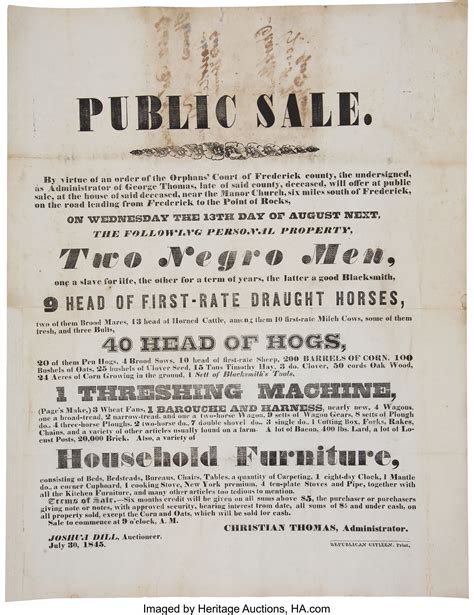 Slavery: Maryland Slave Auction Broadside.... Political Posters & | Lot ...