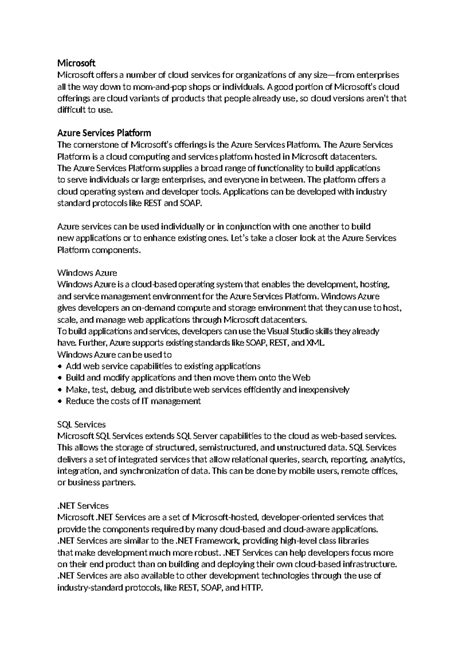 Cloud Computing - Unit 5 2 - Microsoft Microsoft offers a number of ...