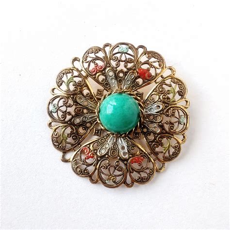 《GERMANY》 openwork enamel paint faux jade cobochon vintage brooch ドイツ ...