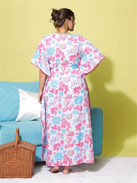 Branded Floral Print White Cotton Kaftan Nighty for Women – 9shines label
