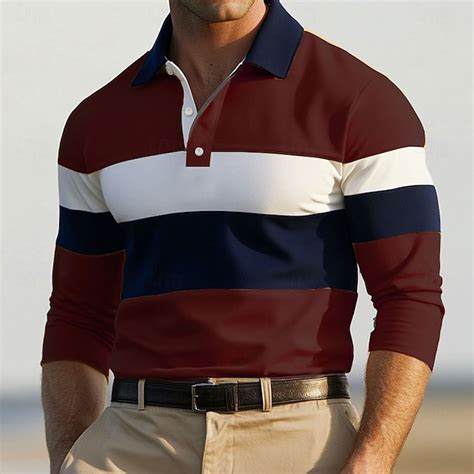 Men's Color Block Rugby Polo Shirts Long Sleeve Polo Shirts Ribbed Polo ...