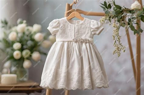 Premium Photo | An elegant white dress for a babys baptism hung on a ...