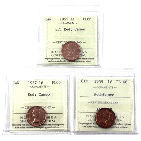 1-cent 1955 SF, 1957, & 1959 ICCS Certified PL66 Red Cameo. 3pcs.