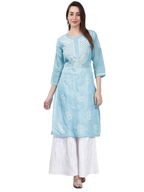 Buy Seva Chikan Hand Embroidered Lucknowi Chikankari Blue Cotton Kurta ...