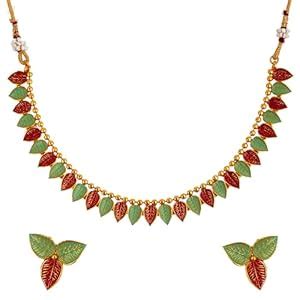 Buy ZENEME Jewellery Set Gold Plated Designer Meena Work Leaf Shaped ...