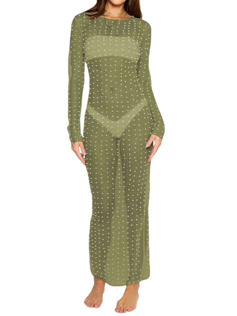 Sunwanar Women's Sheer Mesh Beach Bikni Swimsuit Cover Up Dress with ...